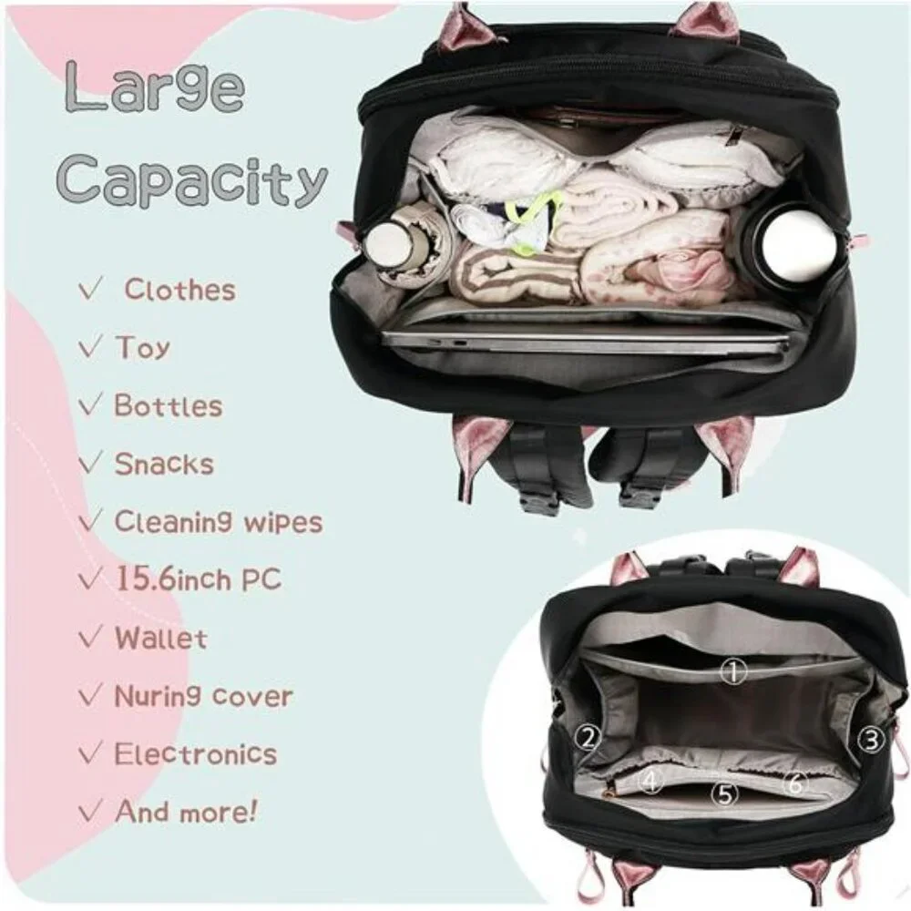 Large Diaper Bag Backpack Tote 18 Pockets Waterproof Baby Travel Bag Black